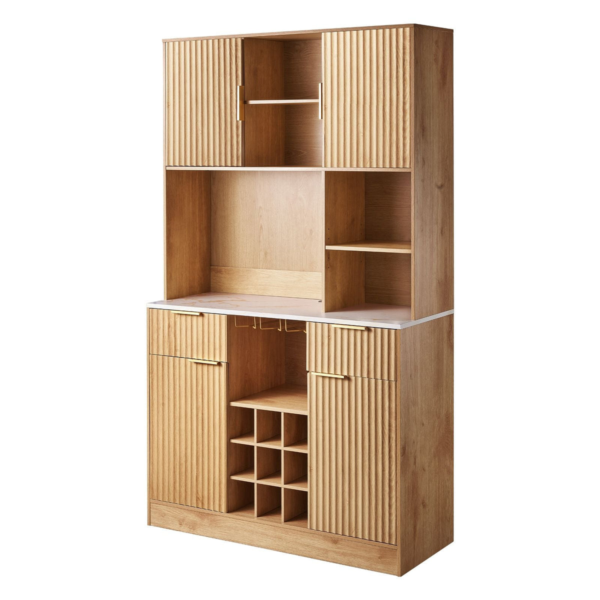 Wine Cabinet, Coffee Bar Cabinet with 9 Wine Bottle Racks, Modern Buffet Sideboard with Glass Holder, LED Light, Charging Station, for Home Kitchen, Living Room, Dining Room, Natural Wood Finish