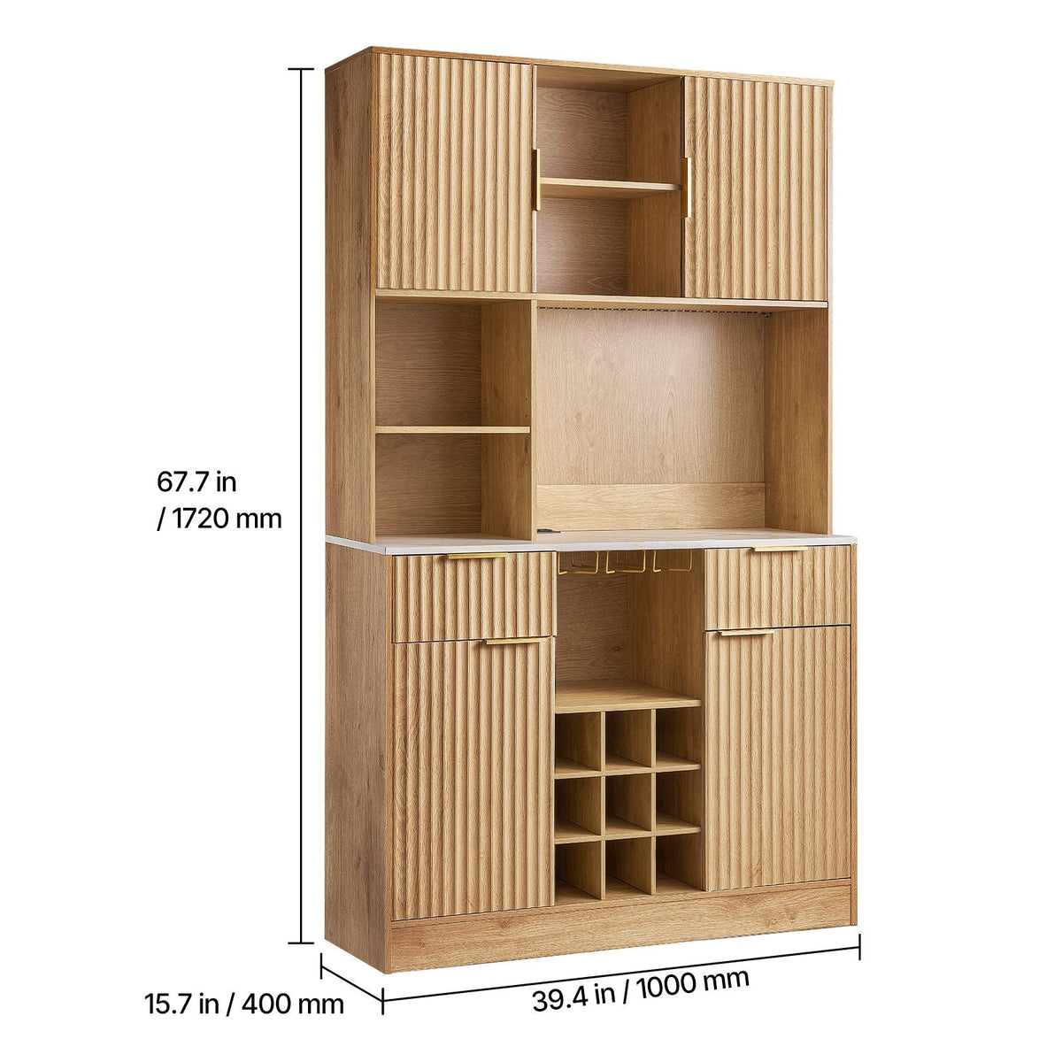 Wine Cabinet, Coffee Bar Cabinet with 9 Wine Bottle Racks, Modern Buffet Sideboard with Glass Holder, LED Light, Charging Station, for Home Kitchen, Living Room, Dining Room, Natural Wood Finish