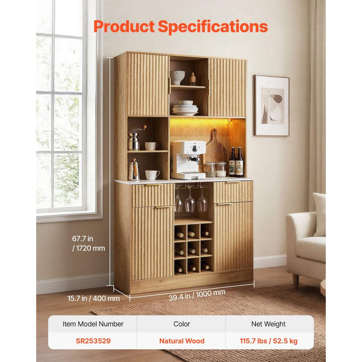 Wine Cabinet, Coffee Bar Cabinet with 9 Wine Bottle Racks, Modern Buffet Sideboard with Glass Holder, LED Light, Charging Station, for Home Kitchen, Living Room, Dining Room, Natural Wood Finish