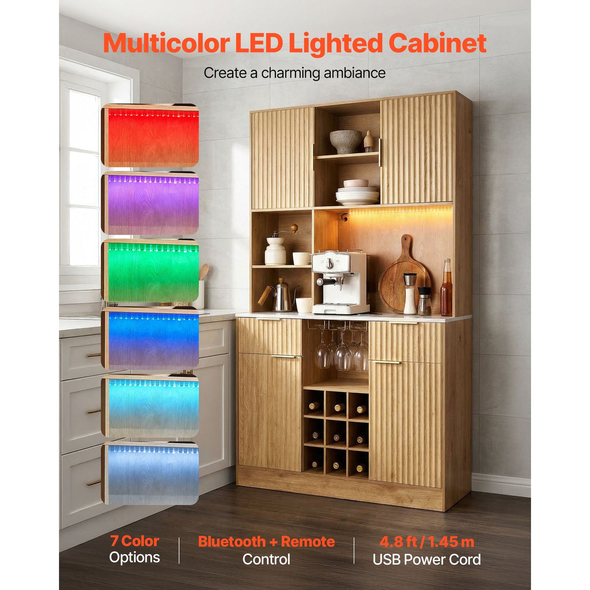 Wine Cabinet, Coffee Bar Cabinet with 9 Wine Bottle Racks, Modern Buffet Sideboard with Glass Holder, LED Light, Charging Station, for Home Kitchen, Living Room, Dining Room, Natural Wood Finish