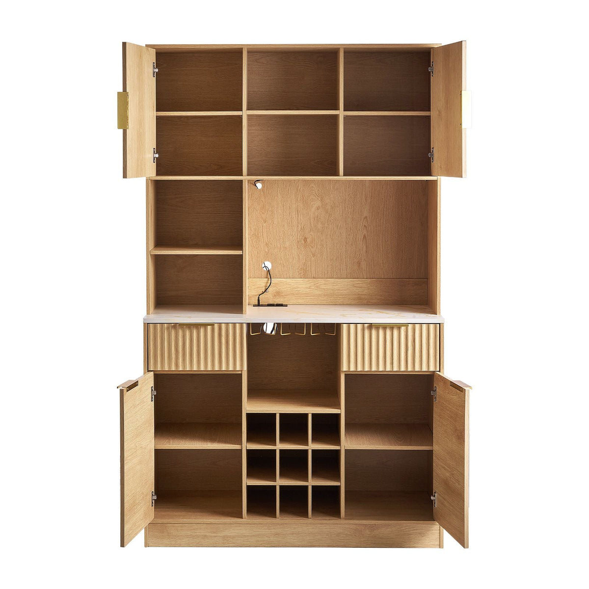 Wine Cabinet, Coffee Bar Cabinet with 9 Wine Bottle Racks, Modern Buffet Sideboard with Glass Holder, LED Light, Charging Station, for Home Kitchen, Living Room, Dining Room, Natural Wood Finish