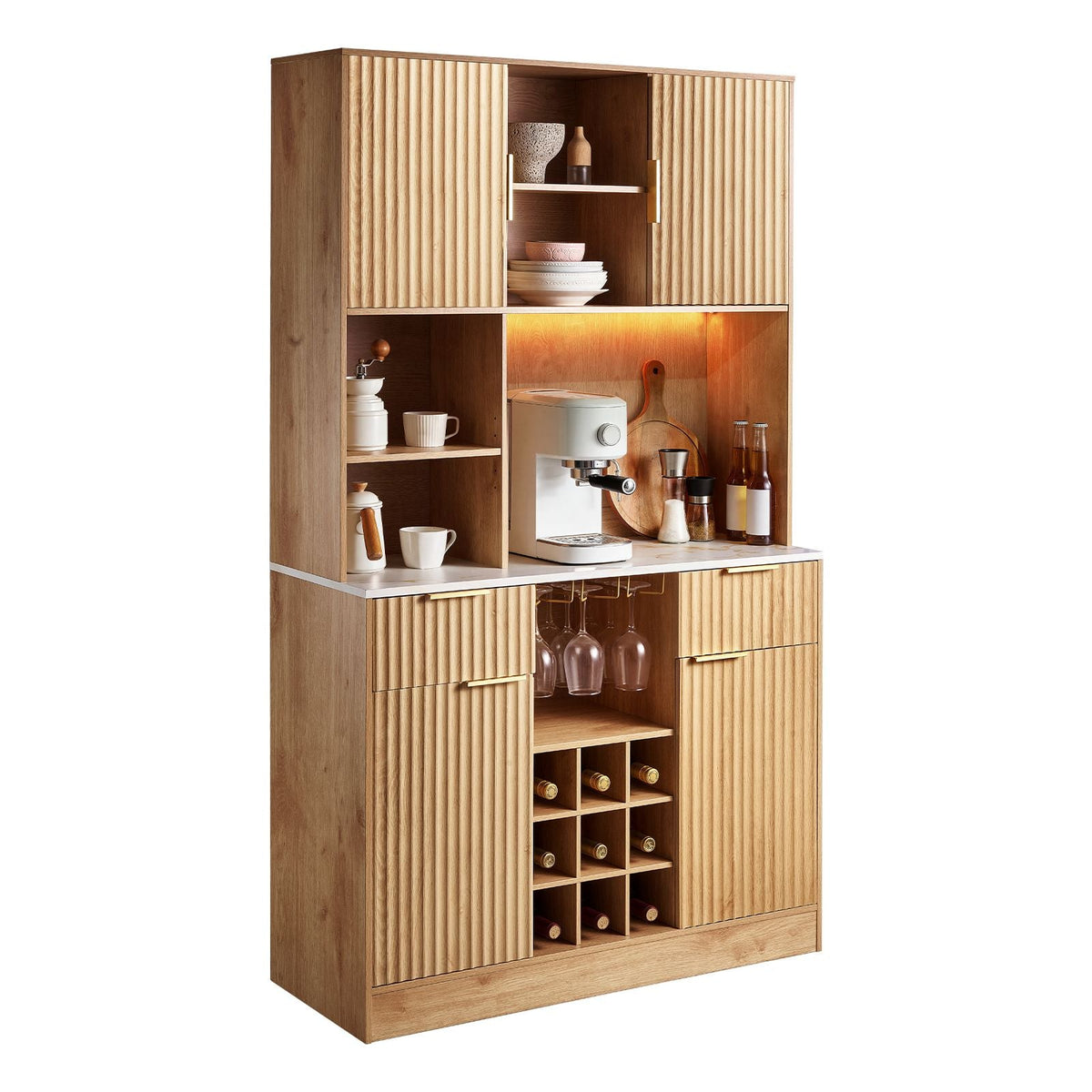 Wine Cabinet, Coffee Bar Cabinet with 9 Wine Bottle Racks, Modern Buffet Sideboard with Glass Holder, LED Light, Charging Station, for Home Kitchen, Living Room, Dining Room, Natural Wood Finish