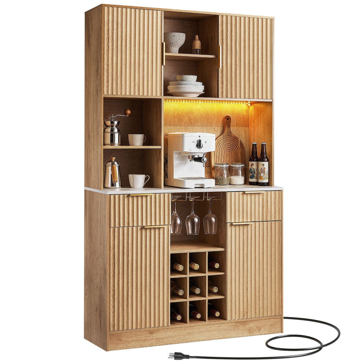 Wine Cabinet, Coffee Bar Cabinet with 9 Wine Bottle Racks, Modern Buffet Sideboard with Glass Holder, LED Light, Charging Station, for Home Kitchen, Living Room, Dining Room, Natural Wood Finish