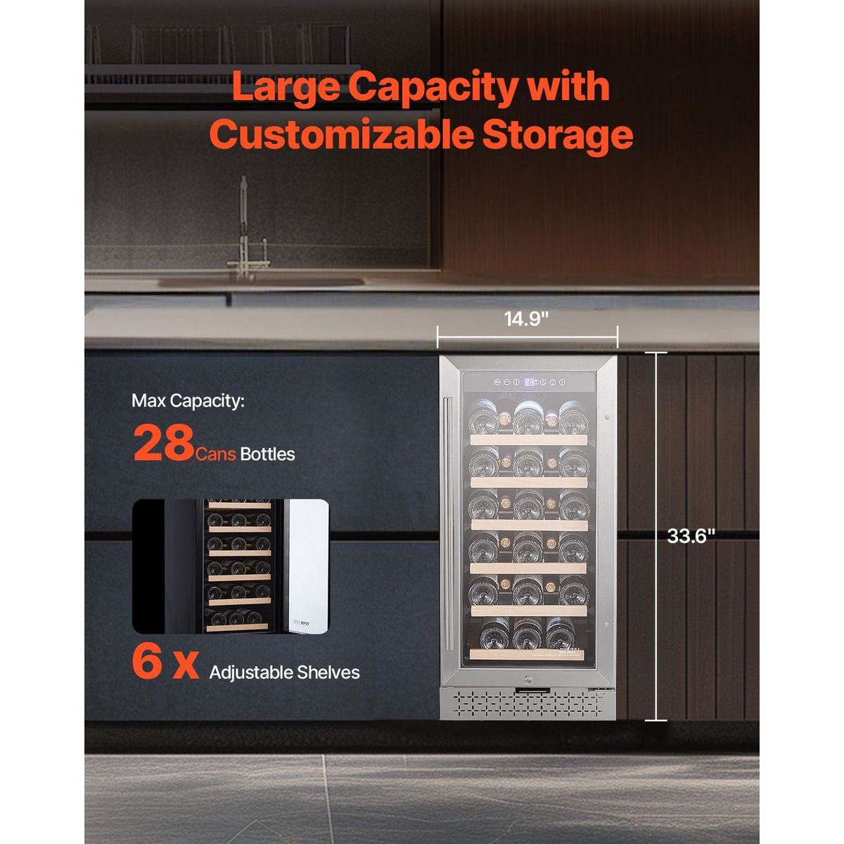 Wine Cooler, 28 Bottle Wine Fridge, Mini Wine Cooler Refrigerator with Glass Door, Adjustable Shelves, Digital Temperature Control, Built-in & Freestanding Cooler Fridge for Home, Office, Bar