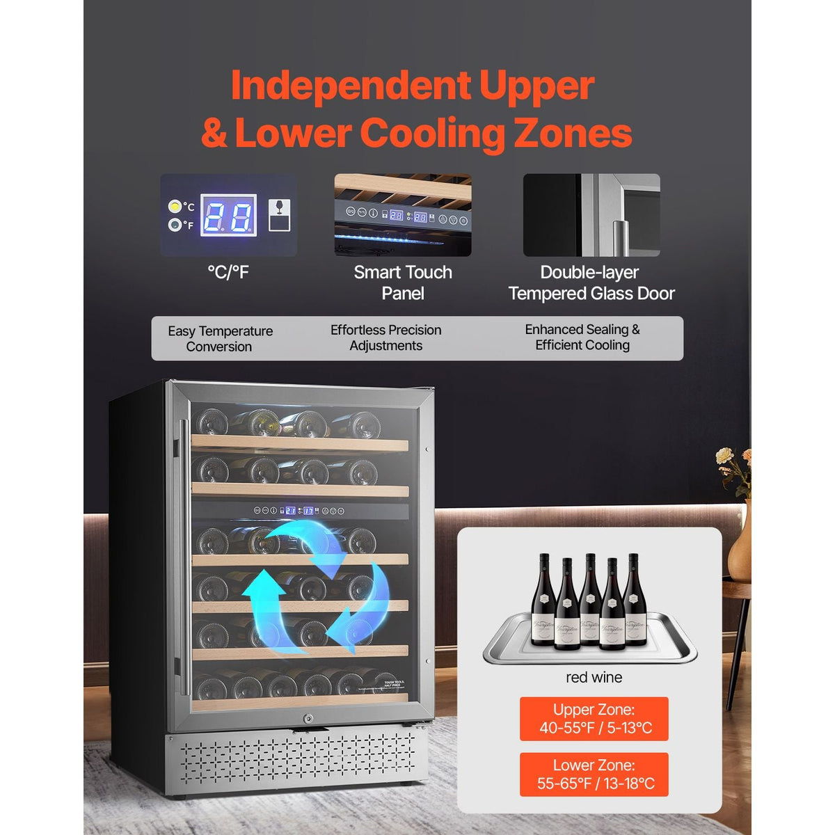 Wine Cooler, 46 Bottle Dual Zone Wine Fridge, Built-in & Freestanding Fridge with Glass Door, Adjustable Shelves, Digital Temperature Control, Wine Cooler Refrigerator for Home, Office, Bar