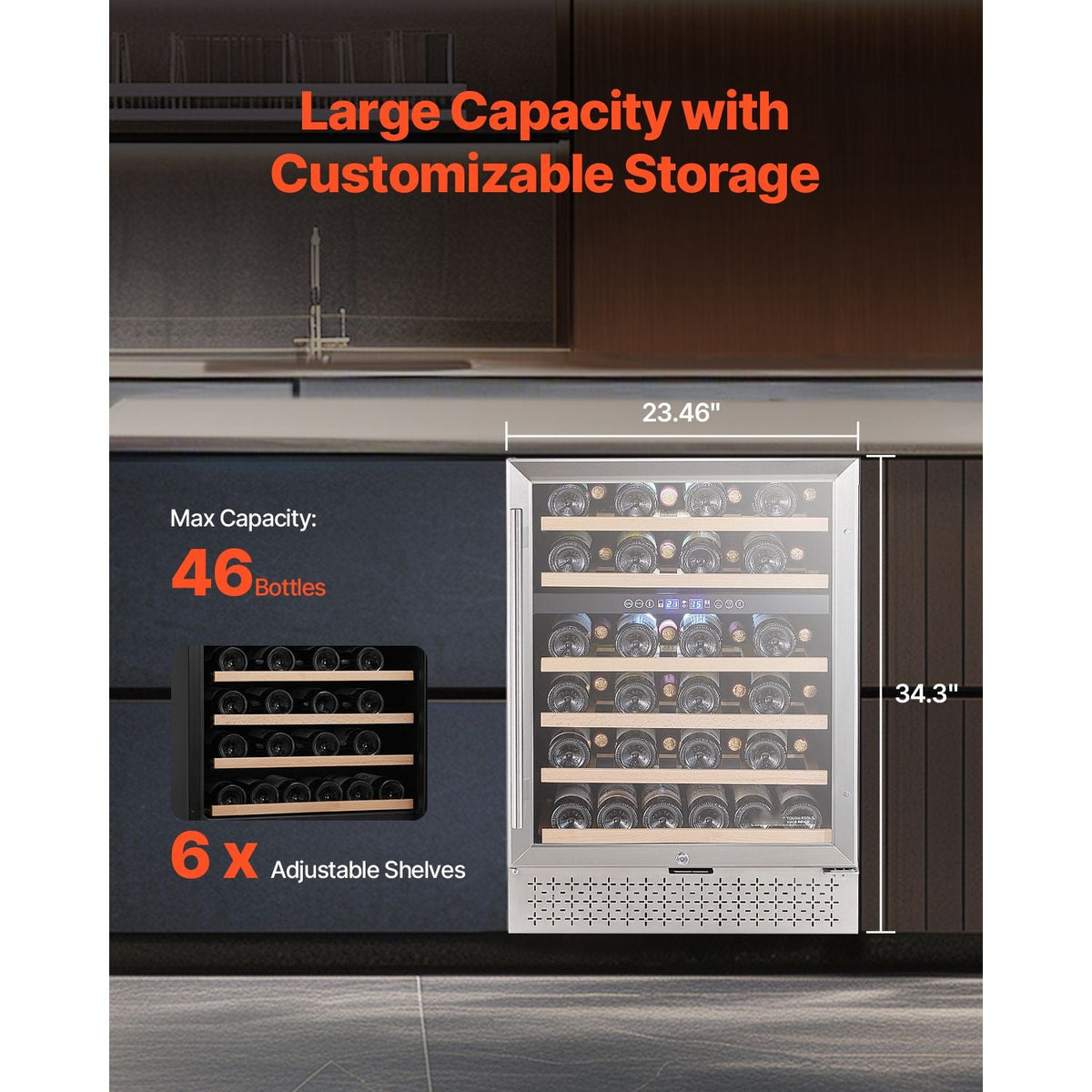 Wine Cooler, 46 Bottle Dual Zone Wine Fridge, Built-in & Freestanding Fridge with Glass Door, Adjustable Shelves, Digital Temperature Control, Wine Cooler Refrigerator for Home, Office, Bar