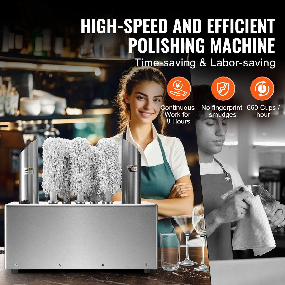 Wine Glass Polisher Machine, 8-Brush Glass Polishing Machine, 660 Cups/Hour Electric Commercial Glass Polisher for Champagne Glasses, Beer Cups, Mugs, Perfect for Bar Restaurant Kitchen