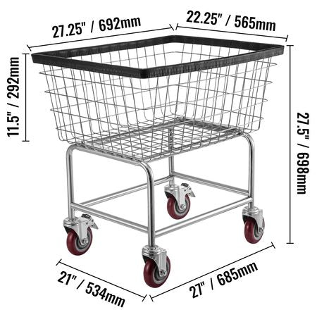 Wire Laundry Cart, 2.8Bushel Wire Laundry Basket with Wheels, 26.7''x21.7''x26.4'' Commercial Wire Laundry Basket Cart, Steel Frame with Chrome Finish, 4" Casters, Wire Basket Cart for Laundry
