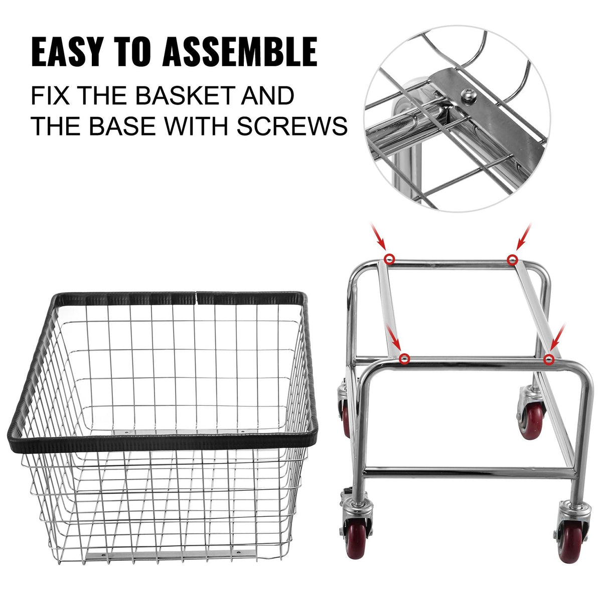 Wire Laundry Cart, 2.8Bushel Wire Laundry Basket with Wheels, 26.7''x21.7''x26.4'' Commercial Wire Laundry Basket Cart, Steel Frame with Chrome Finish, 4" Casters, Wire Basket Cart for Laundry