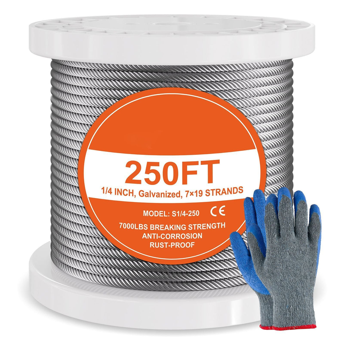 Wire Rope, 1/4" 250 ft Zinc Galvanized Carbon Steel Cable with Gloves, 7000 lbs Breaking Strength, 7 x 19 Strands Construction Marine Aircraft Grade for Handrail Stair Decking Fence Outdoors
