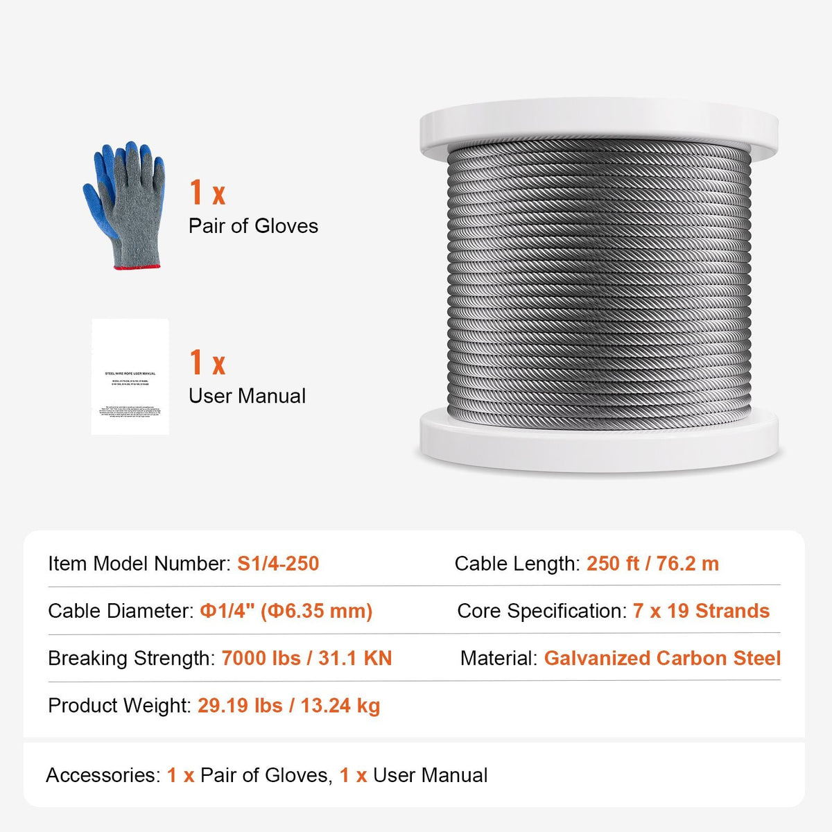 Wire Rope, 1/4" 250 ft Zinc Galvanized Carbon Steel Cable with Gloves, 7000 lbs Breaking Strength, 7 x 19 Strands Construction Marine Aircraft Grade for Handrail Stair Decking Fence Outdoors