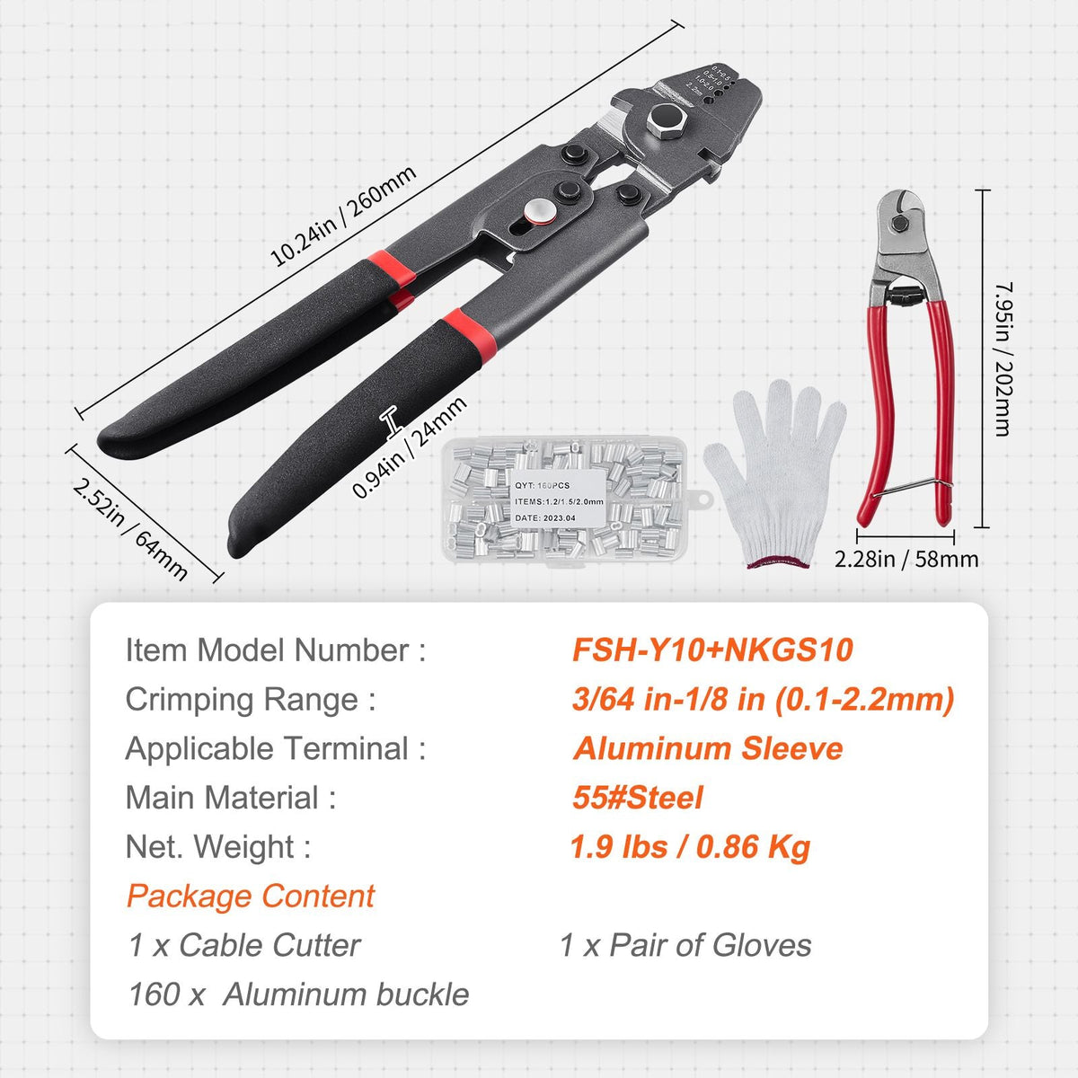 Wire Rope Crimping Tool and Cutter Up To 2.2mm Wire Cable Crimps, 1/64" - 3/32" Crimping Loop Sleeve Kit and 160pcs Aluminum Buckles, Fishing Crimping Tool Wire Rope Thimbles Kit