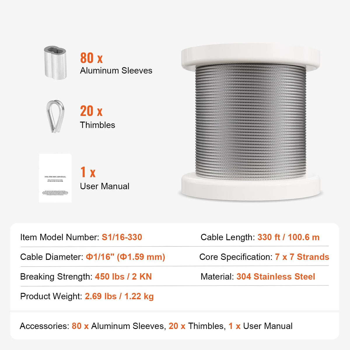 Wire Rope Kit, 1/16" 330 ft 304 Stainless Steel Cable with 80 Sleeves and 20 Thimbles, 450 lbs Breaking Strength, 7x7 Strands Marine Aircraft Grade for Handrail Stair Decking Fence Outdoors