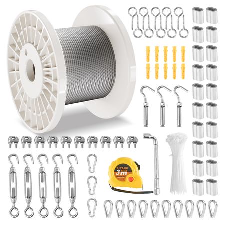 Wire Rope Kit, 1/8" 100 ft 304 Stainless Steel Cable with 124 Accessories, 1600 lbs Breaking Strength, 7x7 Strands Construction Marine Aircraft Grade for Handrail Stair Decking Fence Outdoors