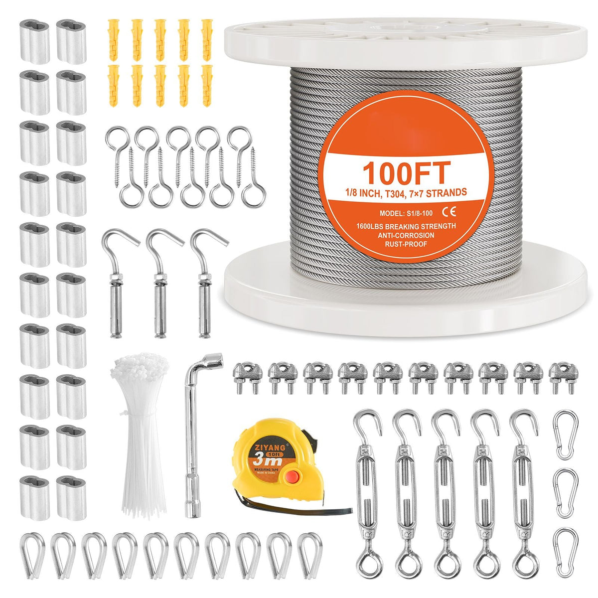 Wire Rope Kit, 1/8" 100 ft 304 Stainless Steel Cable with 124 Accessories, 1600 lbs Breaking Strength, 7x7 Strands Construction Marine Aircraft Grade for Handrail Stair Decking Fence Outdoors