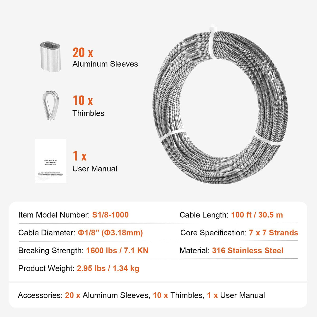 Wire Rope Kit, 1/8" 100 ft 316 Stainless Steel Cable with 20 Sleeves and 10 Thimbles, 1600 lbs Breaking Strength, 7x7 Strands Marine Aircraft Grade for Handrail Stair Decking Fence Outdoors
