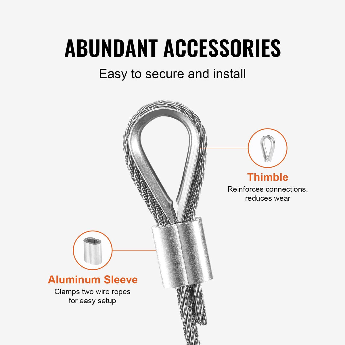 Wire Rope Kit, 1/8" 100 ft 316 Stainless Steel Cable with 20 Sleeves and 10 Thimbles, 1600 lbs Breaking Strength, 7x7 Strands Marine Aircraft Grade for Handrail Stair Decking Fence Outdoors