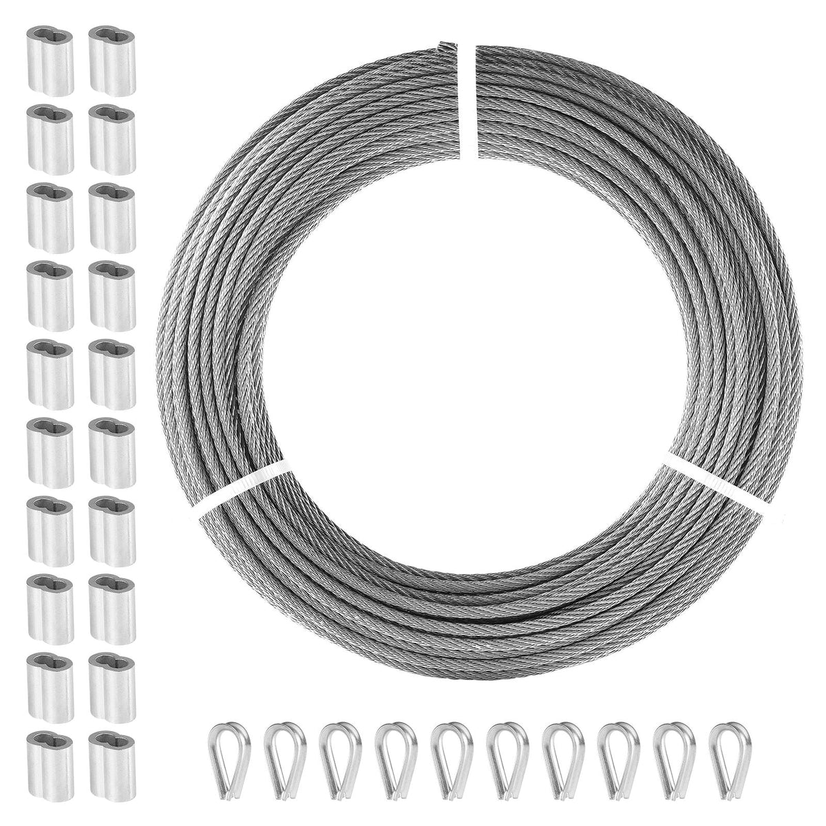Wire Rope Kit, 1/8" 100 ft 316 Stainless Steel Cable with 20 Sleeves and 10 Thimbles, 1600 lbs Breaking Strength, 7x7 Strands Marine Aircraft Grade for Handrail Stair Decking Fence Outdoors