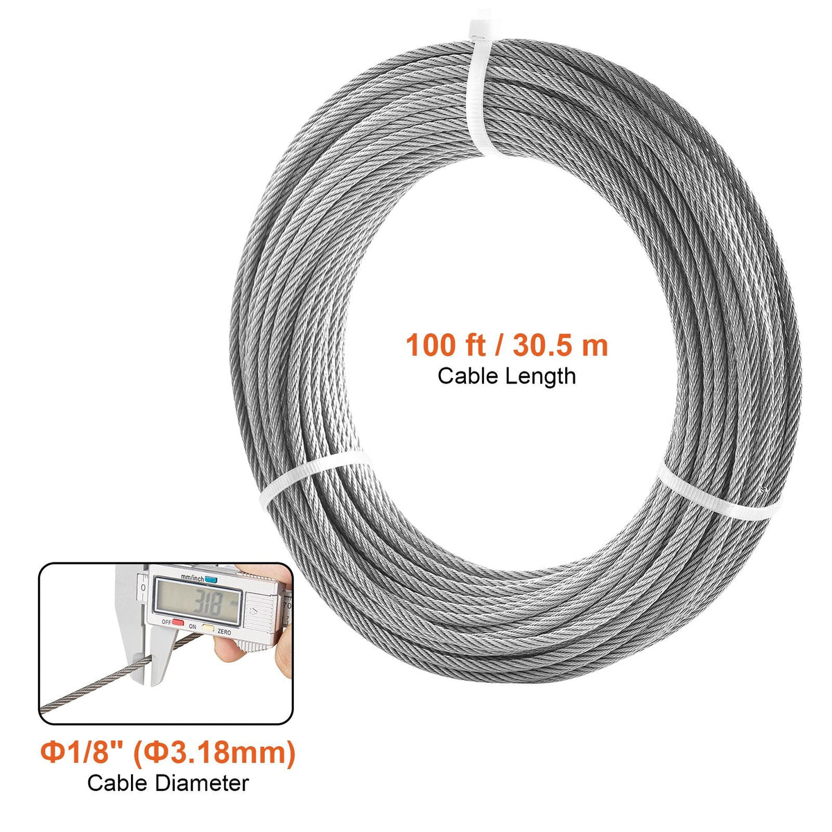 Wire Rope Kit, 1/8" 100 ft 316 Stainless Steel Cable with 20 Sleeves and 10 Thimbles, 1600 lbs Breaking Strength, 7x7 Strands Marine Aircraft Grade for Handrail Stair Decking Fence Outdoors