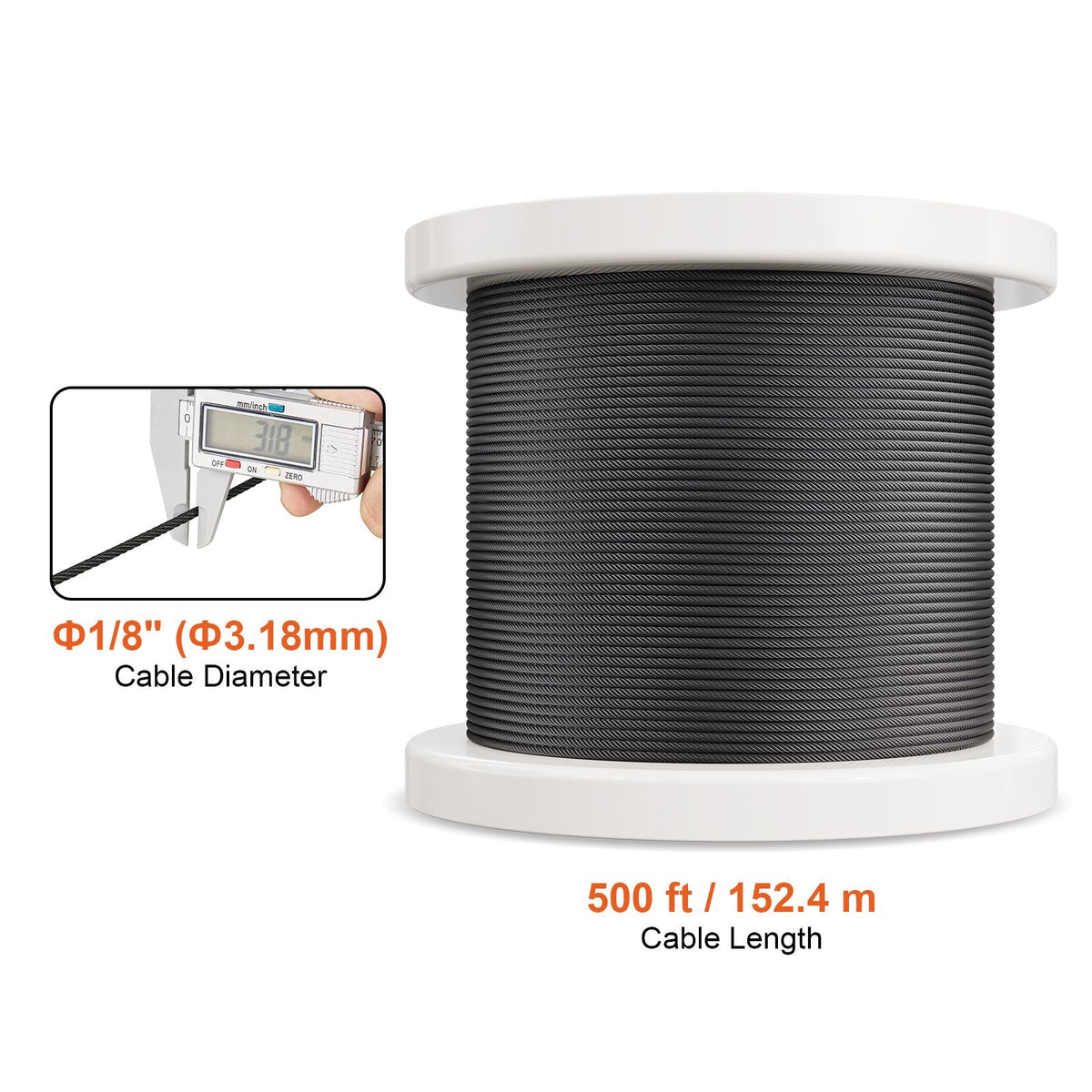 Wire Rope Kit, 1/8" 500 ft 316 Stainless Steel Cable with Cutter and Gloves, 1600 lbs Breaking Strength, 7x7 Strands Core Marine Aircraft Grade for Handrail Stair Decking Fence Outdoors, Black