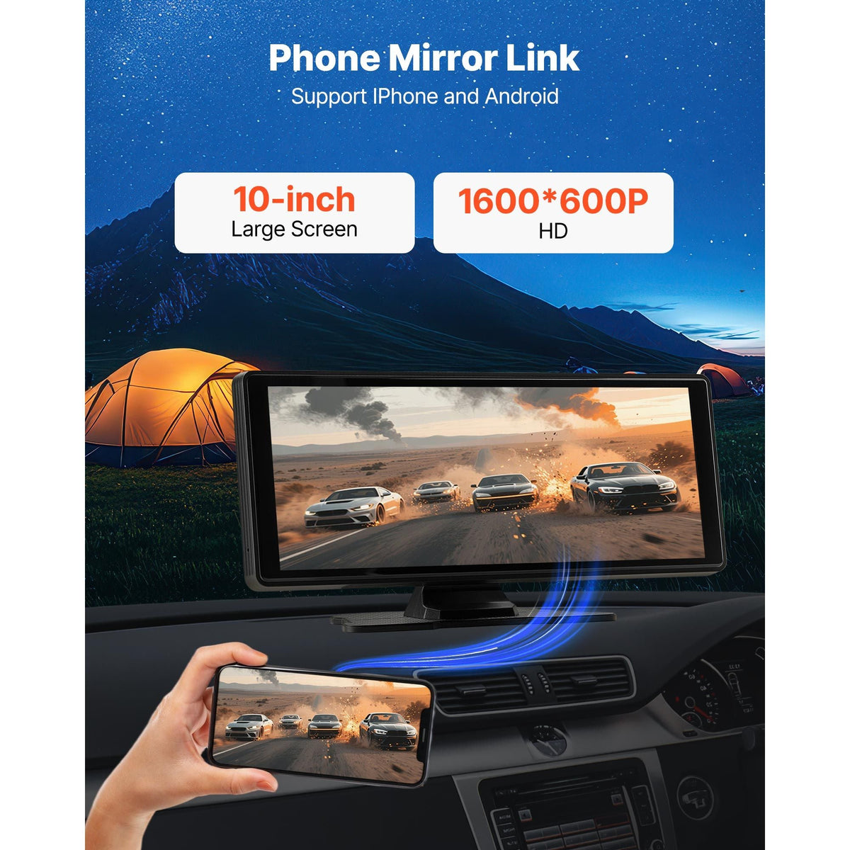 Wireless Car Stereo, 10-Inch HD Portable Radio Touch Screen Compatible with Apple CarPlay and Android Auto, CarPlay Screen for Car with Voice Control, Mirror Link, Bluetooth, GPS Navigation