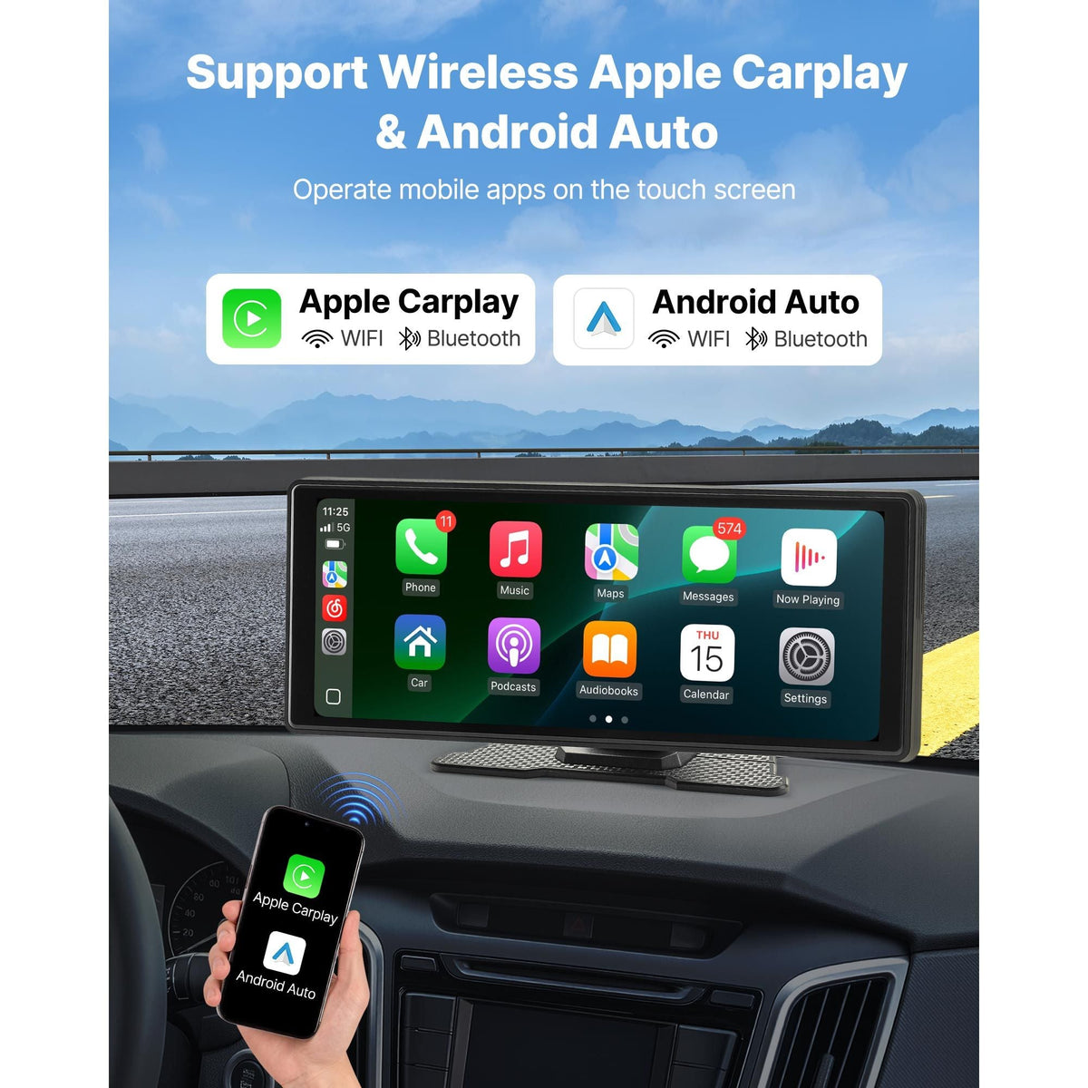 Wireless Car Stereo, 10-Inch HD Portable Radio Touch Screen Compatible with Apple CarPlay and Android Auto, CarPlay Screen for Car with Voice Control, Mirror Link, Bluetooth, GPS Navigation