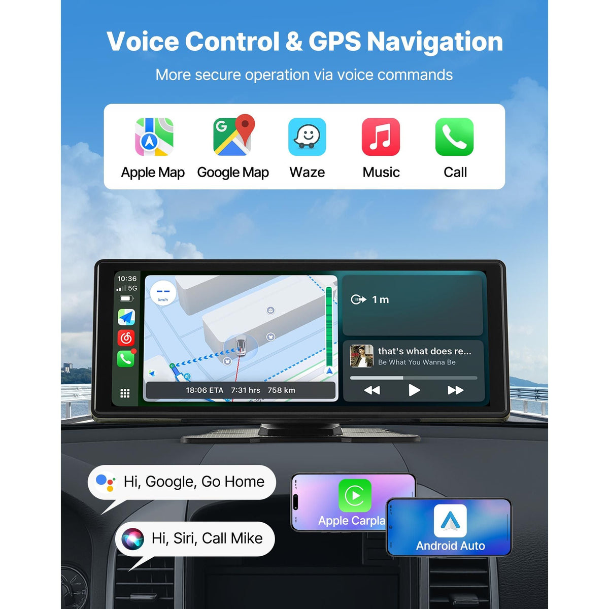Wireless Car Stereo, 10-Inch HD Portable Radio Touch Screen Compatible with Apple CarPlay and Android Auto, CarPlay Screen for Car with Voice Control, Mirror Link, Bluetooth, GPS Navigation