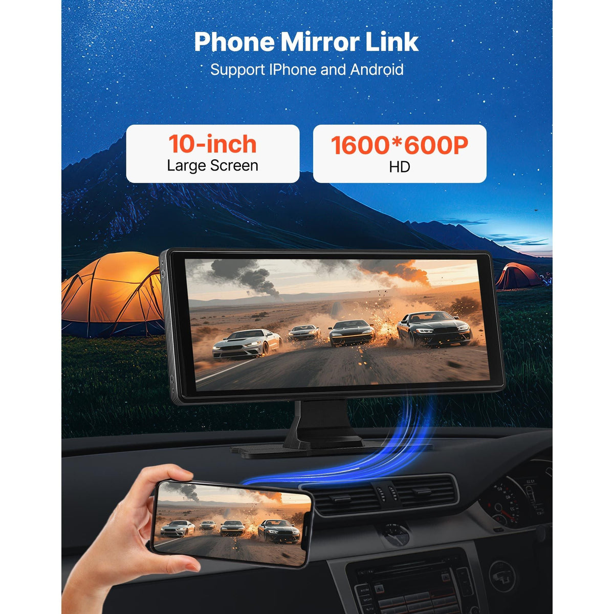 Wireless Car Stereo, 10-Inch HD Portable Radio Touch Screen with Apple CarPlay and Android Auto, CarPlay Screen with Front & Backup Cameras, Voice Control, Mirror Link, Bluetooth, GPS Navigation