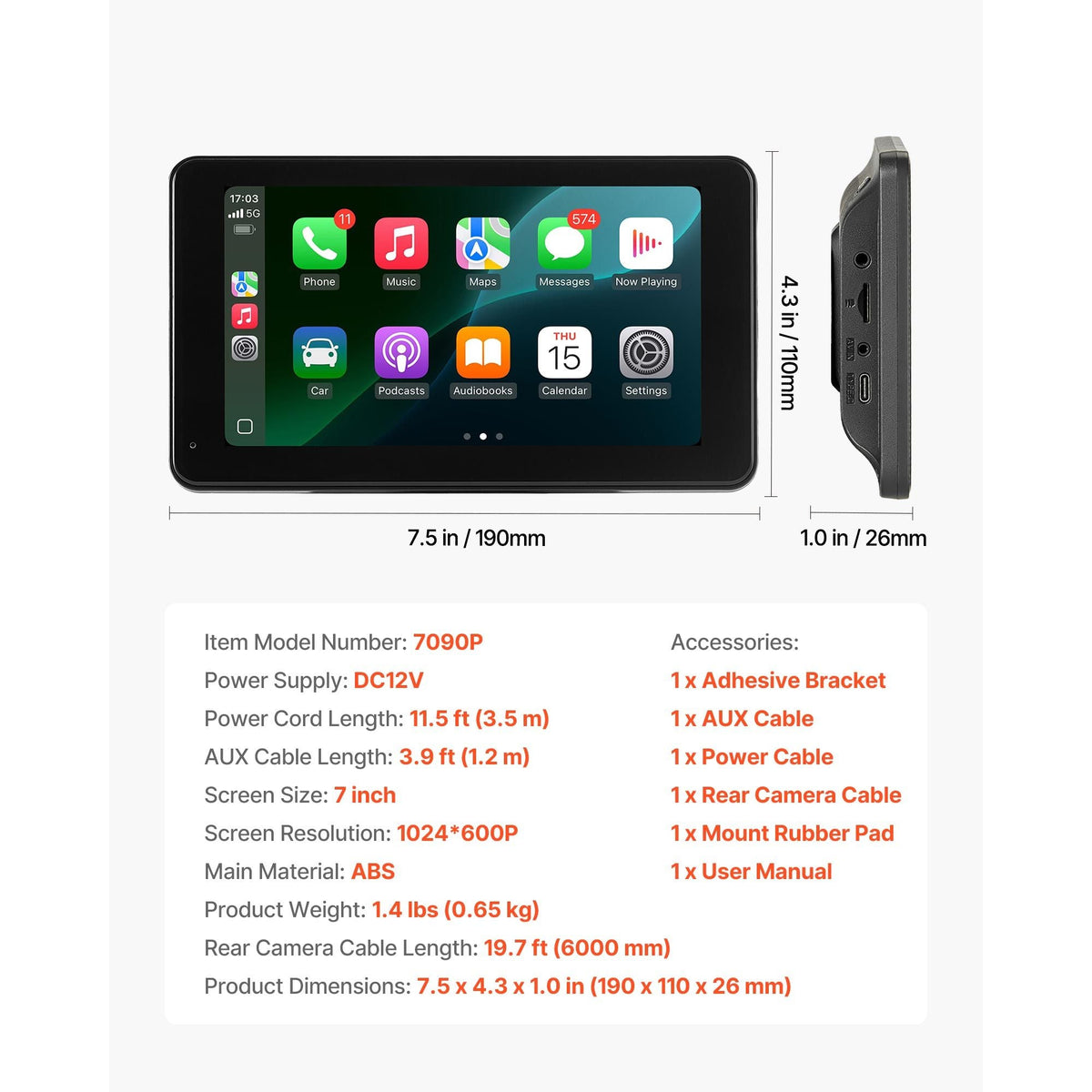 Wireless Car Stereo, 7-Inch HD Portable Radio Touch Screen Compatible with Apple CarPlay & Android Auto, CarPlay Screen with Backup Camera, Voice Control, Mirror Link, Bluetooth, GPS Navigation