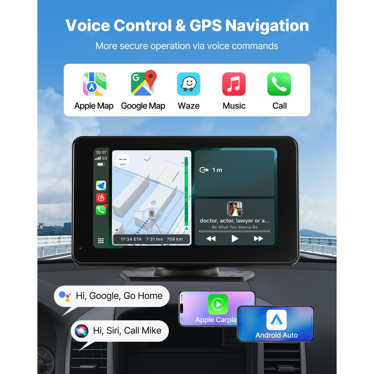 Wireless Car Stereo, 7-Inch HD Portable Radio Touch Screen Compatible with Apple CarPlay & Android Auto, CarPlay Screen with Backup Camera, Voice Control, Mirror Link, Bluetooth, GPS Navigation