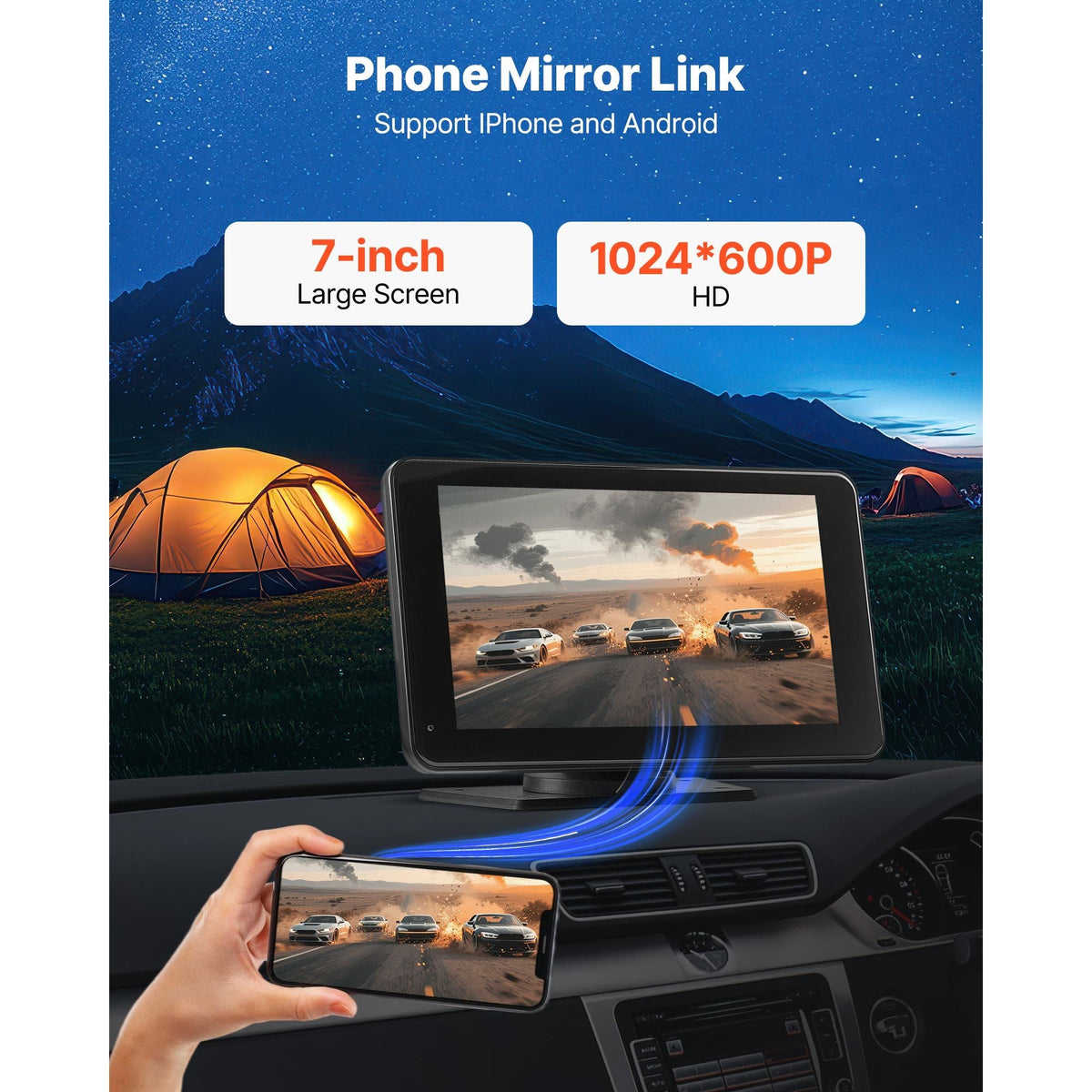Wireless Car Stereo, 7-Inch HD Portable Radio Touch Screen Compatible with Apple CarPlay & Android Auto, CarPlay Screen with Backup Camera, Voice Control, Mirror Link, Bluetooth, GPS Navigation