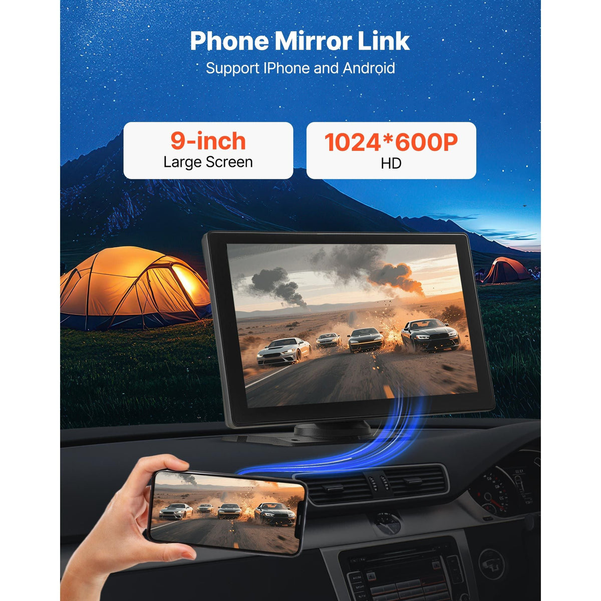 Wireless Car Stereo, 9-Inch HD Portable Radio Touch Screen with Apple CarPlay and Android Auto, CarPlay Screen with Front & Backup Cameras, Voice Control, Mirror Link, Bluetooth, GPS Navigation