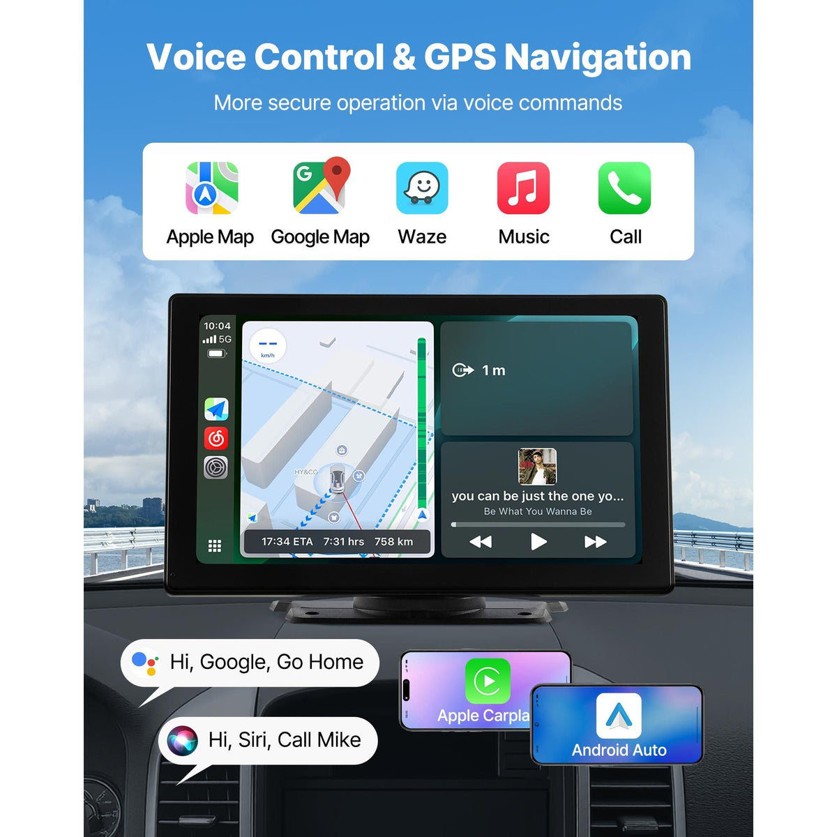 Wireless Car Stereo, 9-Inch HD Portable Radio Touch Screen with Apple CarPlay and Android Auto, CarPlay Screen with Front & Backup Cameras, Voice Control, Mirror Link, Bluetooth, GPS Navigation