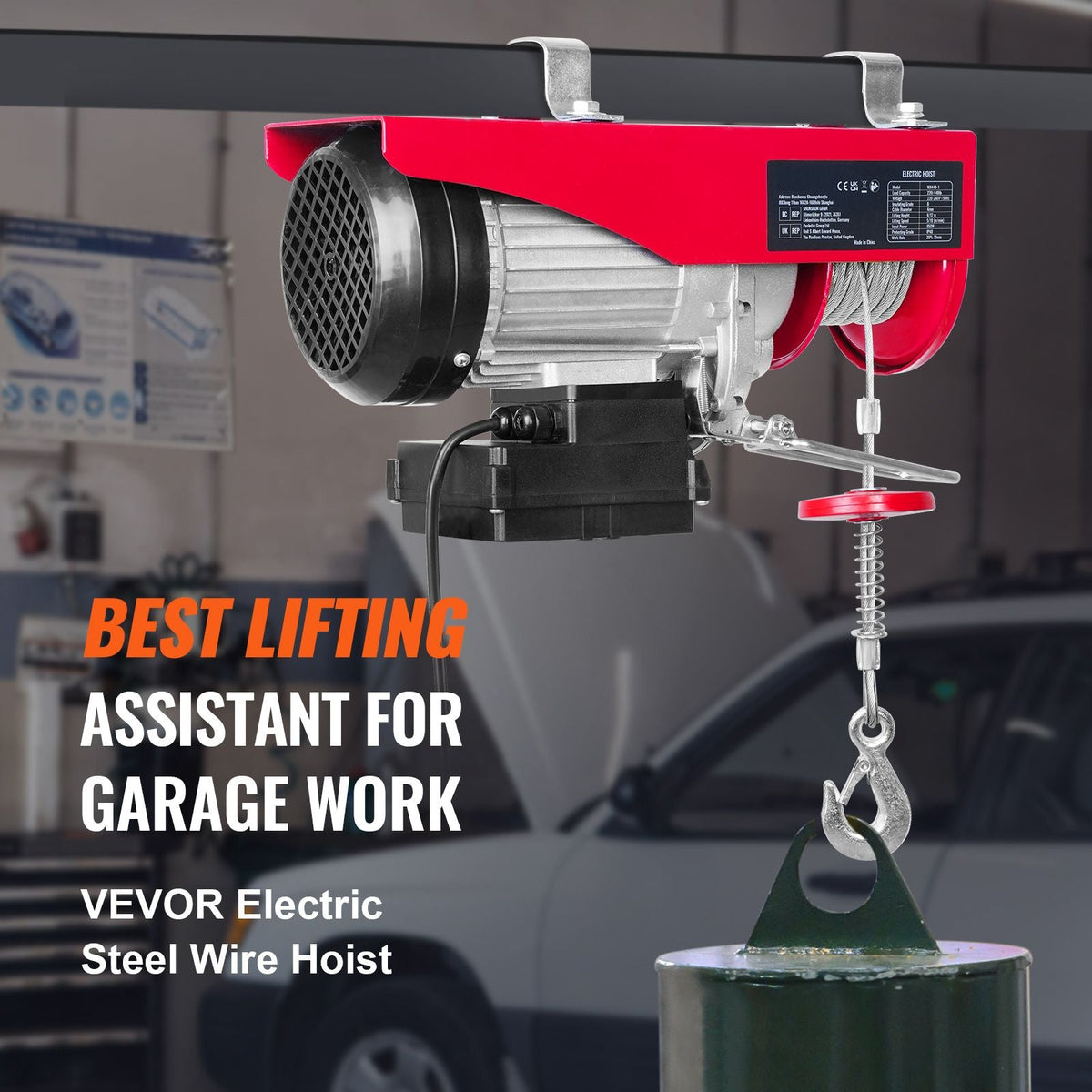 Wireless Electric Hoist, 440 lbs 110V Electric Steel Wire Winch with Wireless Remote Control, 40ft Single Cable Lifting Height & Pure Copper Motor, for Garage Warehouse Factory