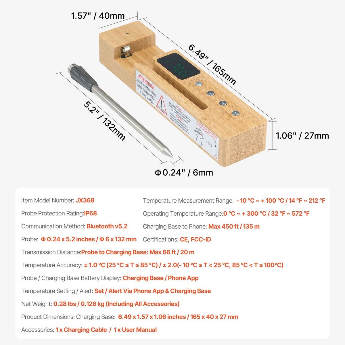 Wireless Meat Thermometer, 500 ft Range Wireless Bluetooth Meat Thermometer, Digital Cooking Food Meat Thermometer, Waterproof Smart Meat Probe with One Probe, for Grilling, Smoker, BBQ & Oven