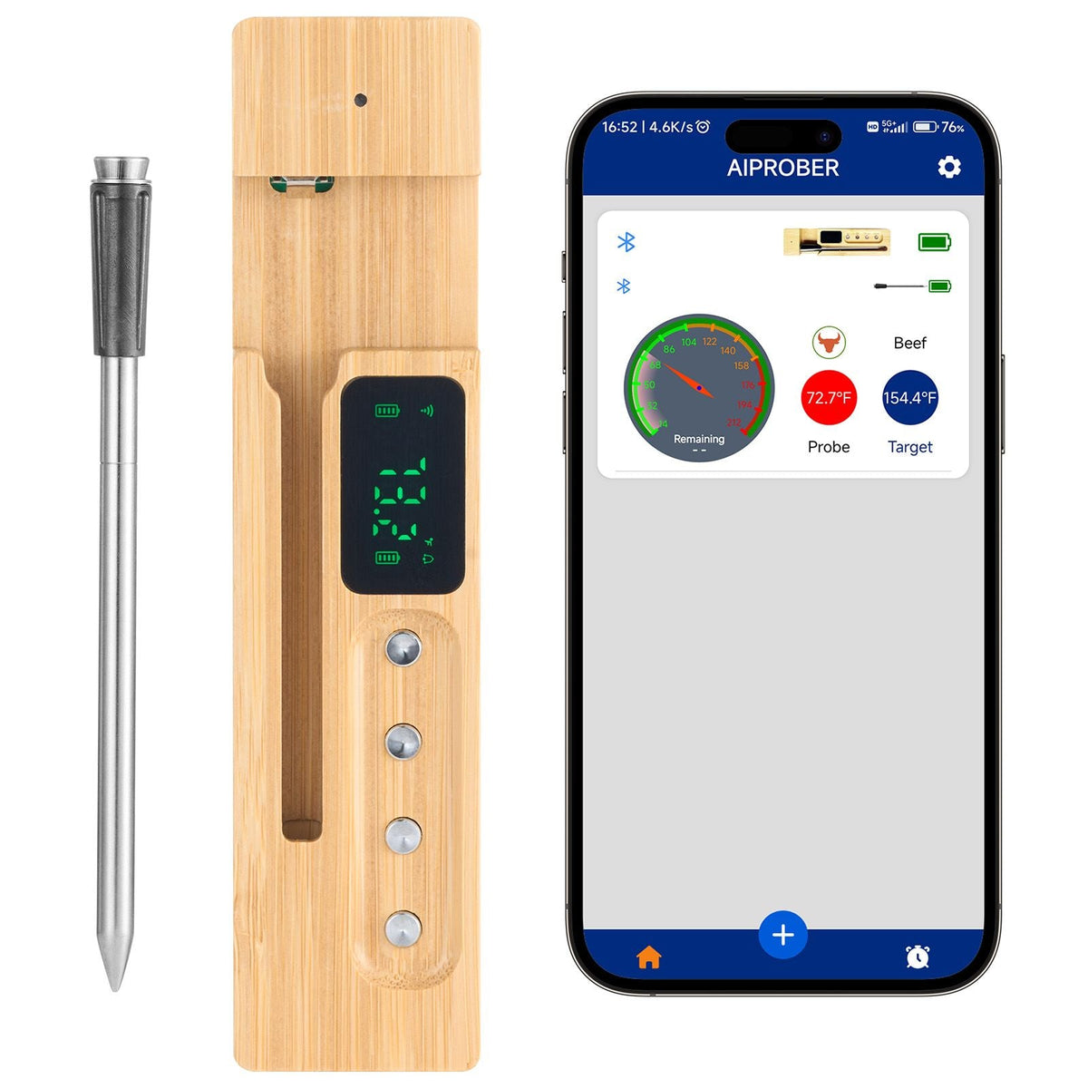 Wireless Meat Thermometer, 500 ft Range Wireless Bluetooth Meat Thermometer, Digital Cooking Food Meat Thermometer, Waterproof Smart Meat Probe with One Probe, for Grilling, Smoker, BBQ & Oven
