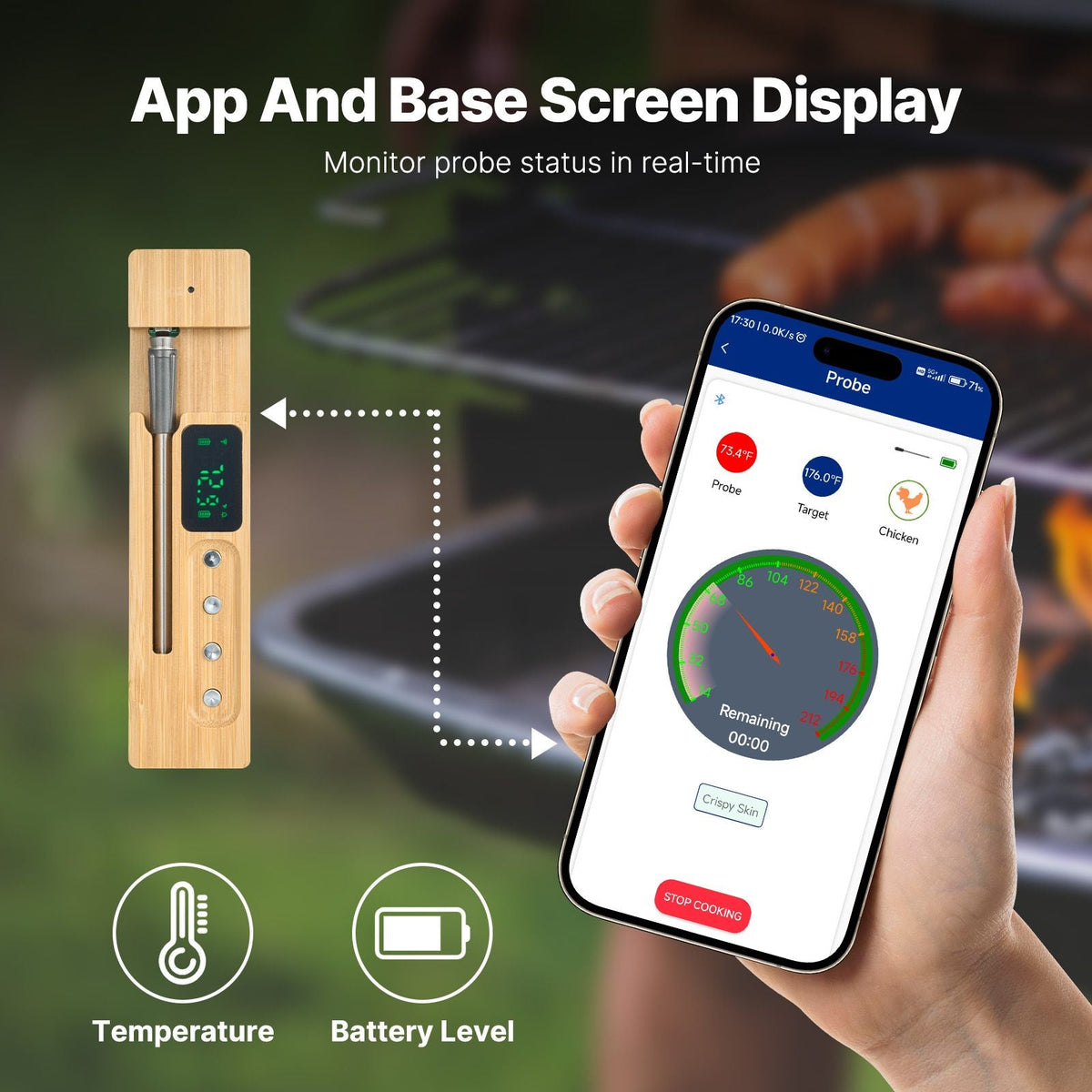 Wireless Meat Thermometer, 500 ft Range Wireless Bluetooth Meat Thermometer, Digital Cooking Food Meat Thermometer, Waterproof Smart Meat Probe with One Probe, for Grilling, Smoker, BBQ & Oven