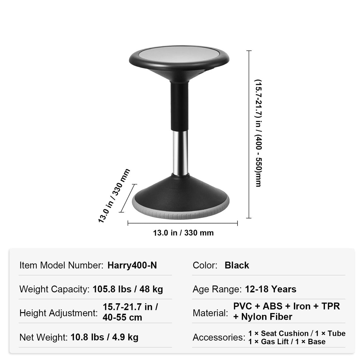 Wobble Chair, Height-Adjustable (15.7-21.7") Active Chair, Flexible Seating Wobble Stool Made of PVC+ABS Improves Focus & Posture, Ideal for Schools, Office and Home, Age 12-18, Black