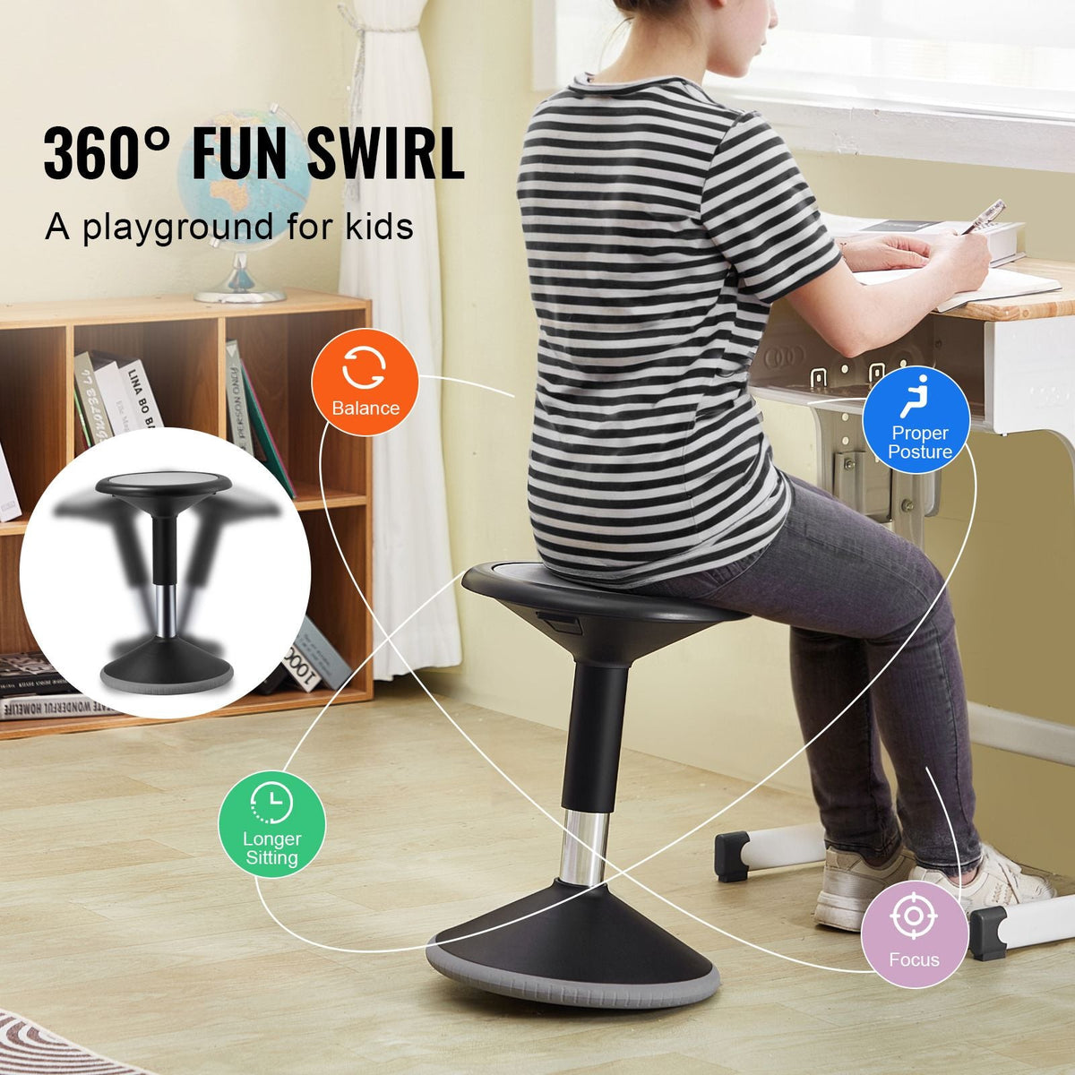 Wobble Chair, Height-Adjustable (15.7-21.7") Active Chair, Flexible Seating Wobble Stool Made of PVC+ABS Improves Focus & Posture, Ideal for Schools, Office and Home, Age 12-18, Black