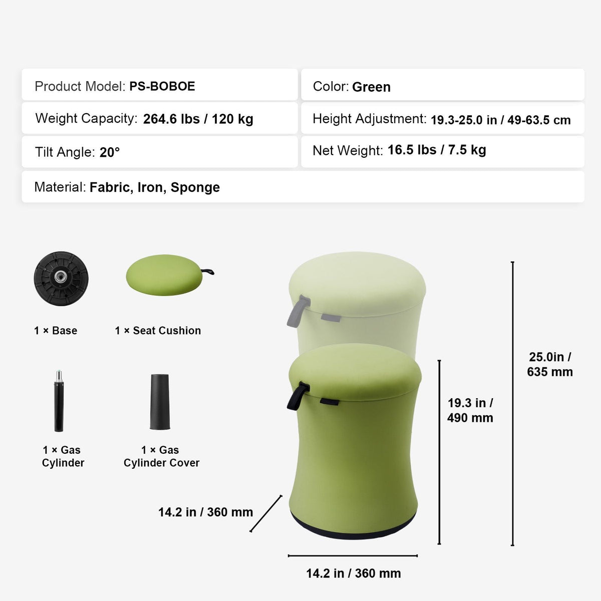 Wobble Chair, Height-Adjustable (19.3-25") Wobble Chair with Fabric Cover, Flexible Seating Wobble Stool Made of Iron & Sponge, Ideal for School, Office & Home, 20° Tilt Angle, Age 12-18, Green