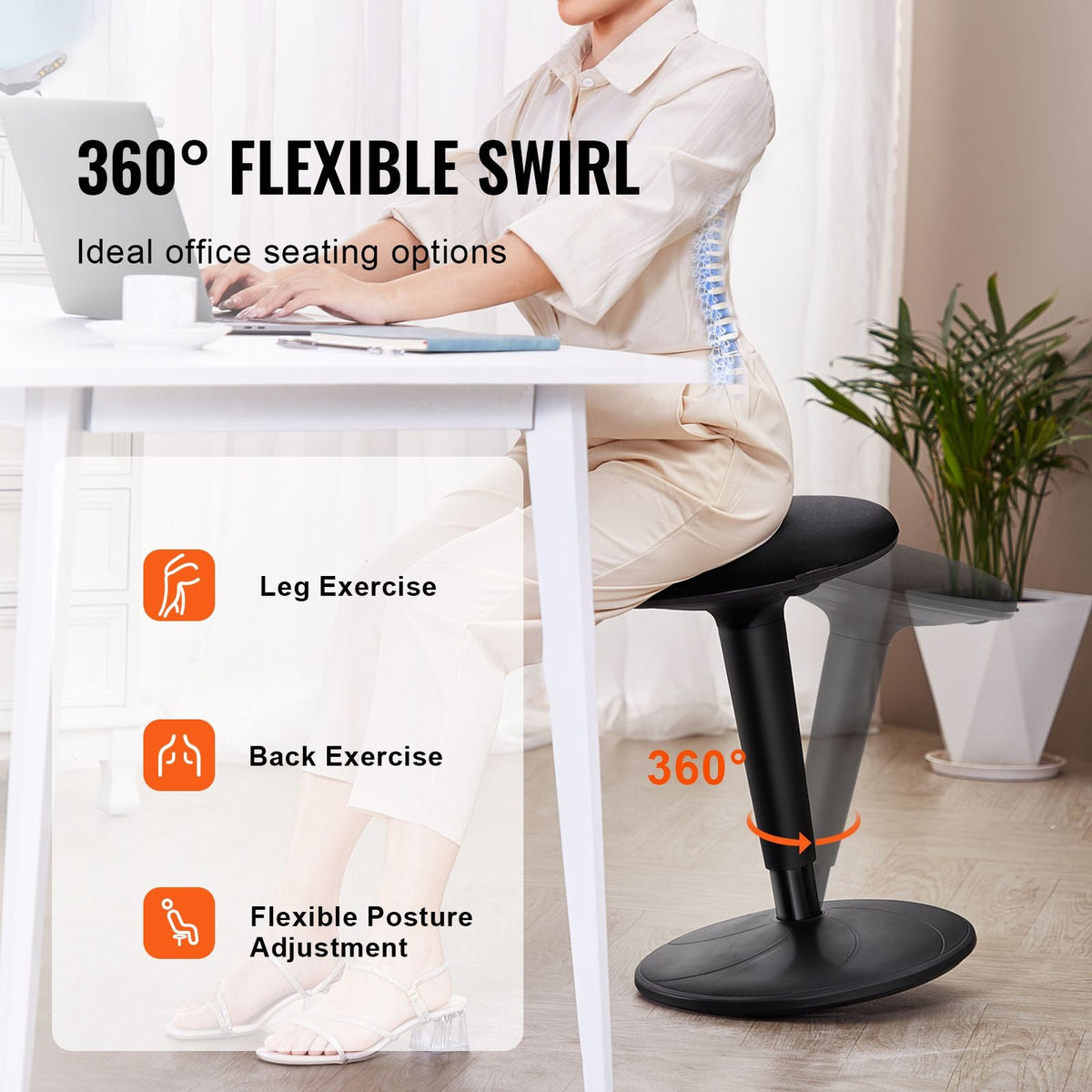 Wobble Chair, Height-Adjustable 21.7-28.3", Active Chair, Flexible Seating Wobble Stool Made of Iron Improves Focus & Posture, Ideal for Office and Home, 8° Tilt Angle, Age 12-18, Black