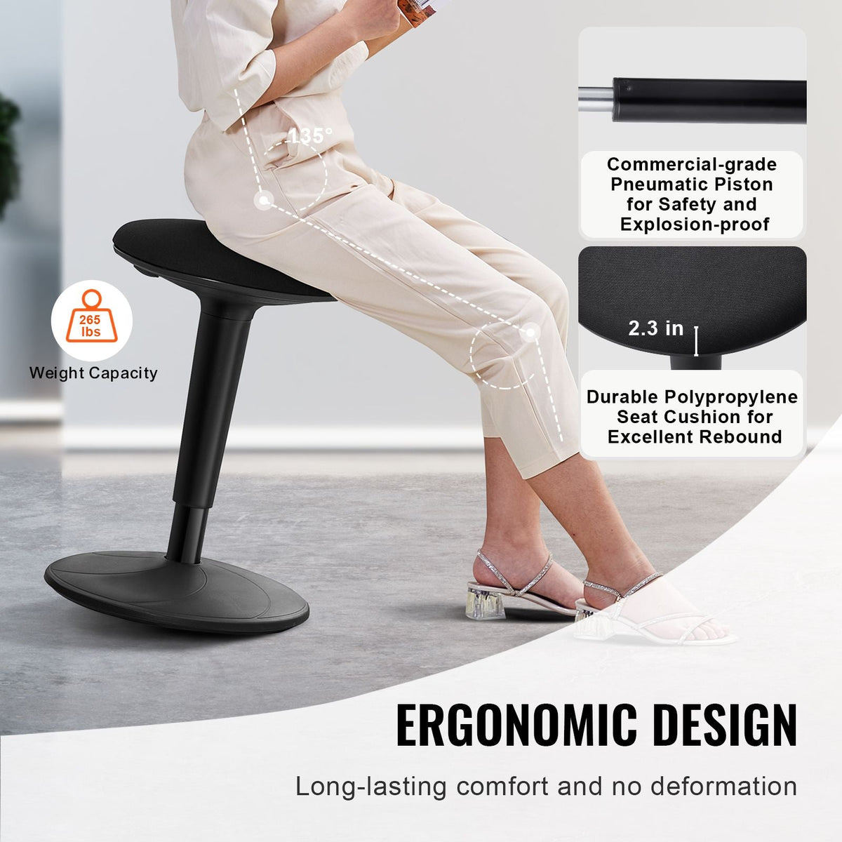 Wobble Chair, Height-Adjustable 21.7-28.3", Active Chair, Flexible Seating Wobble Stool Made of Iron Improves Focus & Posture, Ideal for Office and Home, 8° Tilt Angle, Age 12-18, Black