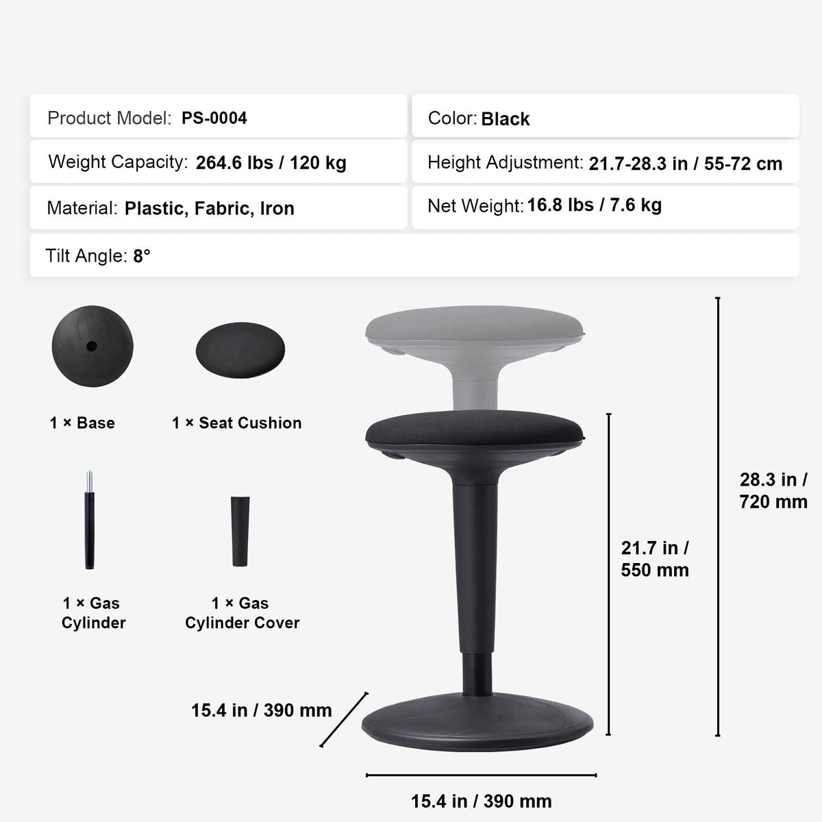 Wobble Chair, Height-Adjustable 21.7-28.3", Active Chair, Flexible Seating Wobble Stool Made of Iron Improves Focus & Posture, Ideal for Office and Home, 8° Tilt Angle, Age 12-18, Black