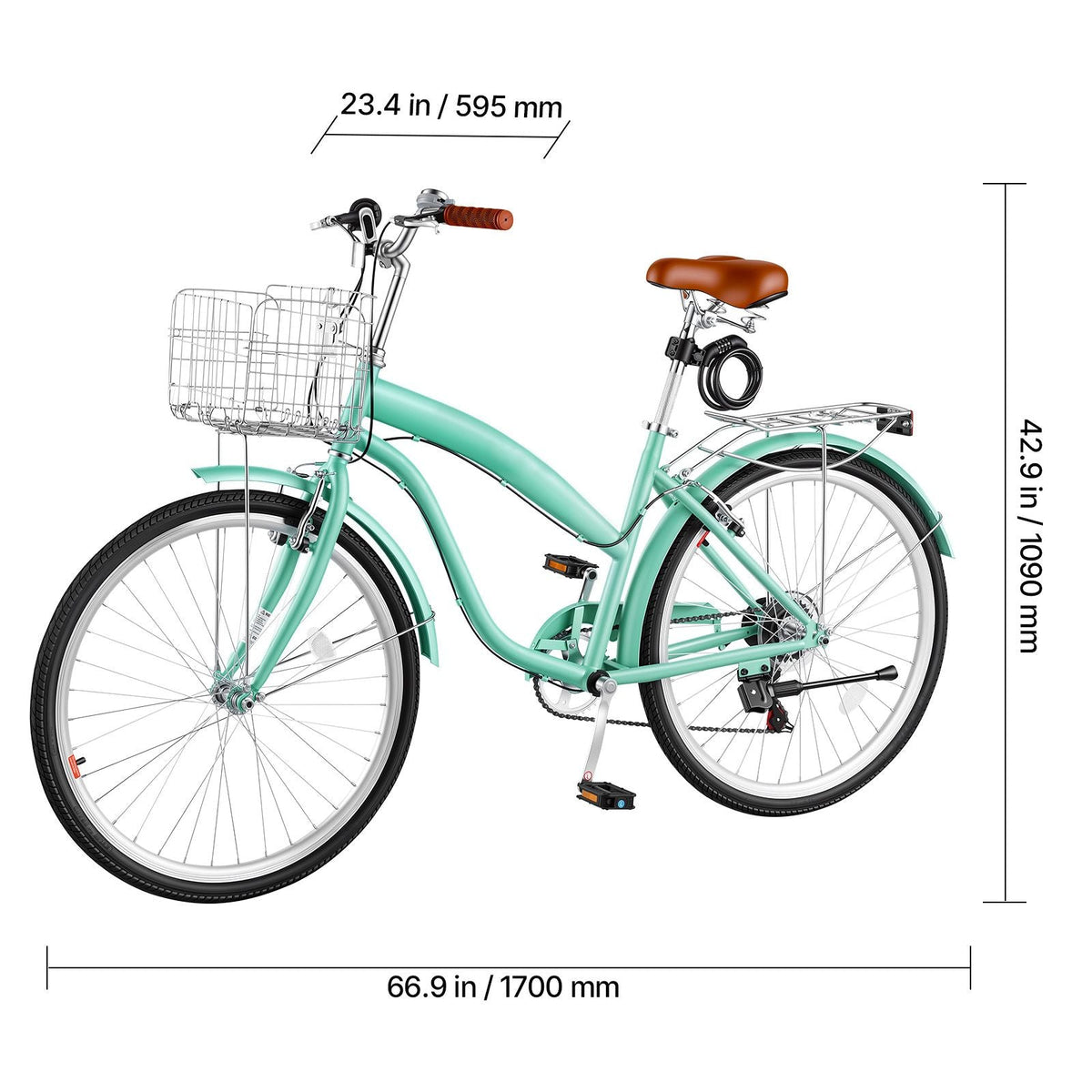 Women Bike, 26 in Beach Cruiser Bike, 7-Speed Adult City Bicycle with Carbon Steel Frame, 330 lbs Capacity, Basket, Rear Rack & Dual V-Brakes, Mint Green
