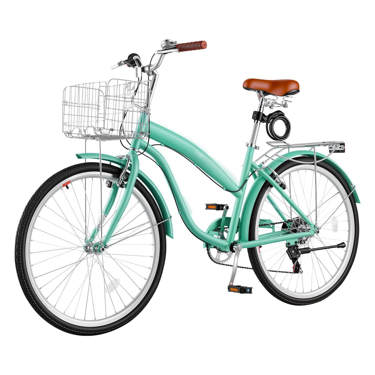 Women Bike, 26 in Beach Cruiser Bike, 7-Speed Adult City Bicycle with Carbon Steel Frame, 330 lbs Capacity, Basket, Rear Rack & Dual V-Brakes, Mint Green