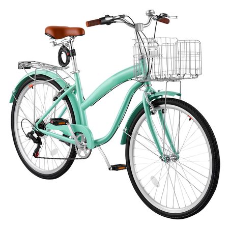 Women Bike, 26 in Beach Cruiser Bike, 7-Speed Adult City Bicycle with Carbon Steel Frame, 330 lbs Capacity, Basket, Rear Rack & Dual V-Brakes, Mint Green