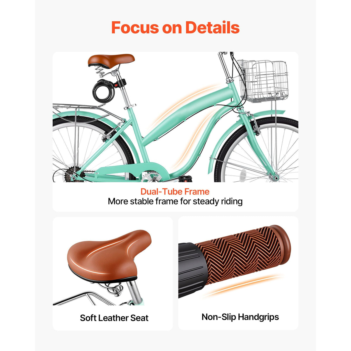 Women Bike, 26 in Beach Cruiser Bike, 7-Speed Adult City Bicycle with Carbon Steel Frame, 330 lbs Capacity, Basket, Rear Rack & Dual V-Brakes, Mint Green