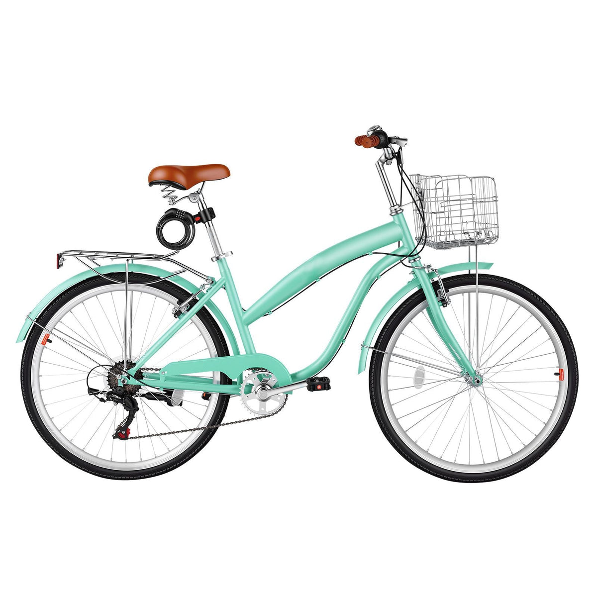 Women Bike, 26 in Beach Cruiser Bike, 7-Speed Adult City Bicycle with Carbon Steel Frame, 330 lbs Capacity, Basket, Rear Rack & Dual V-Brakes, Mint Green