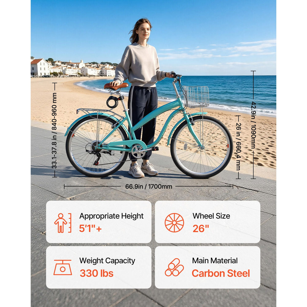 Women Bike, 26 in Beach Cruiser Bike, 7-Speed Adult City Bicycle with Carbon Steel Frame, 330 lbs Capacity, Basket, Rear Rack & Dual V-Brakes, Mint Green
