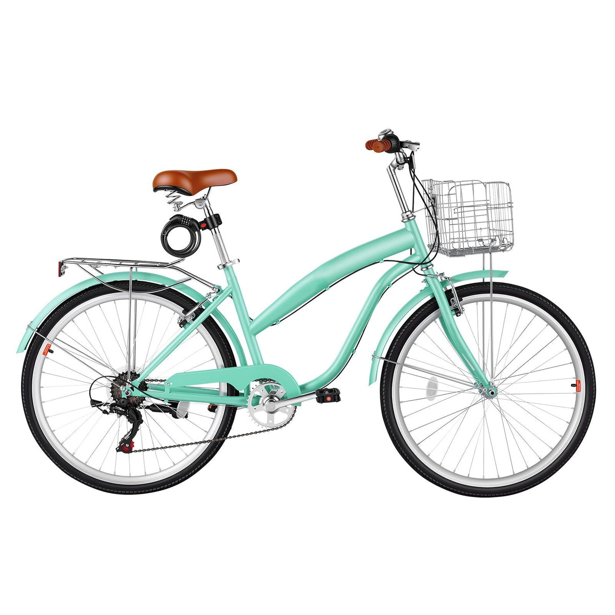 Women Bike, 26 in Beach Cruiser Bike, 7-Speed Adult City Bicycle with Carbon Steel Frame, 330 lbs Capacity, Basket, Rear Rack & Dual V-Brakes, Mint Green